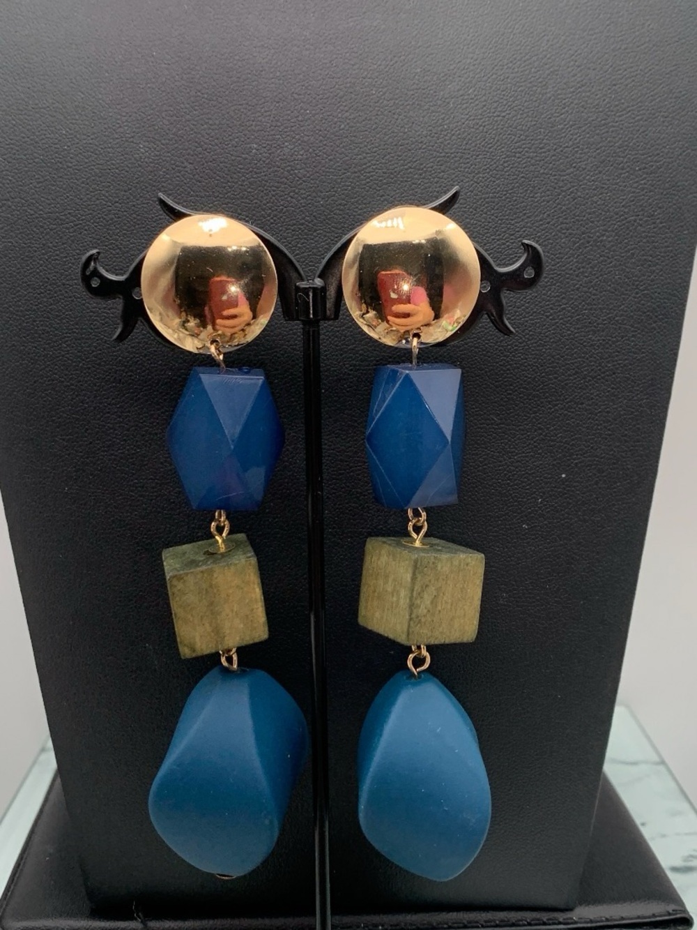 Gold tone and green wood and blue acrylic Drop Statement pierced Earrings
